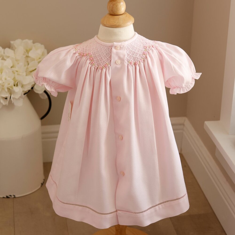 Pink Smocked Bishop Dress and Bow Set Size 6/9 Months Floral Embroidery - Picture 4 of 5